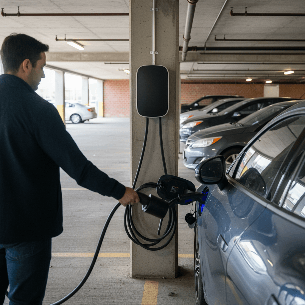 EV owner plugging their car into a wall-mounted Level 2 charger in an apartment parking garage