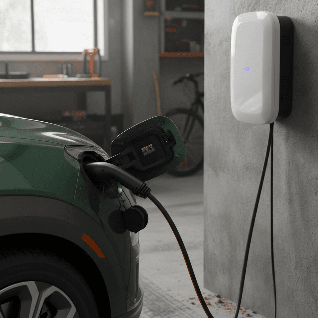 Close-up view of a 2025 Hyundai Kona Electric plugged into a Level 2 home wallbox in a modern garage.