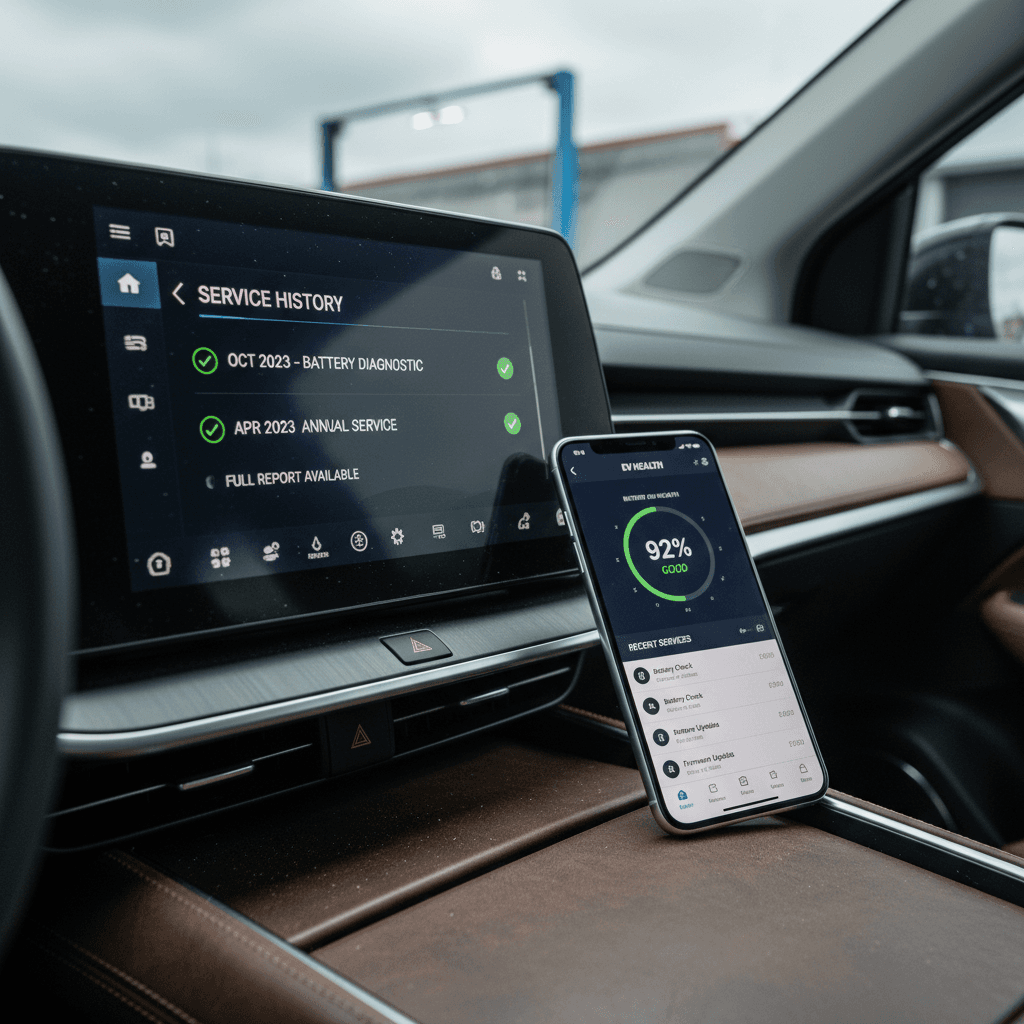 Electric vehicle center touchscreen open to a maintenance summary screen, next to a smartphone showing a matching service history in an app