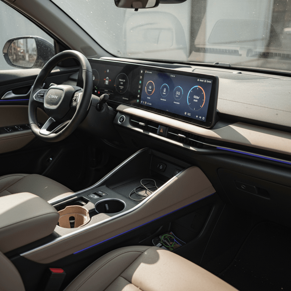 Modern electric SUV interior with digital instrument cluster and charge status displayed on the center screen