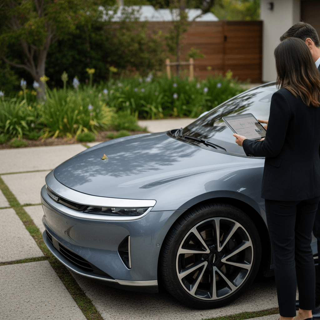 Insurance advisor showing a Lucid Air owner different coverage options and premiums on a tablet