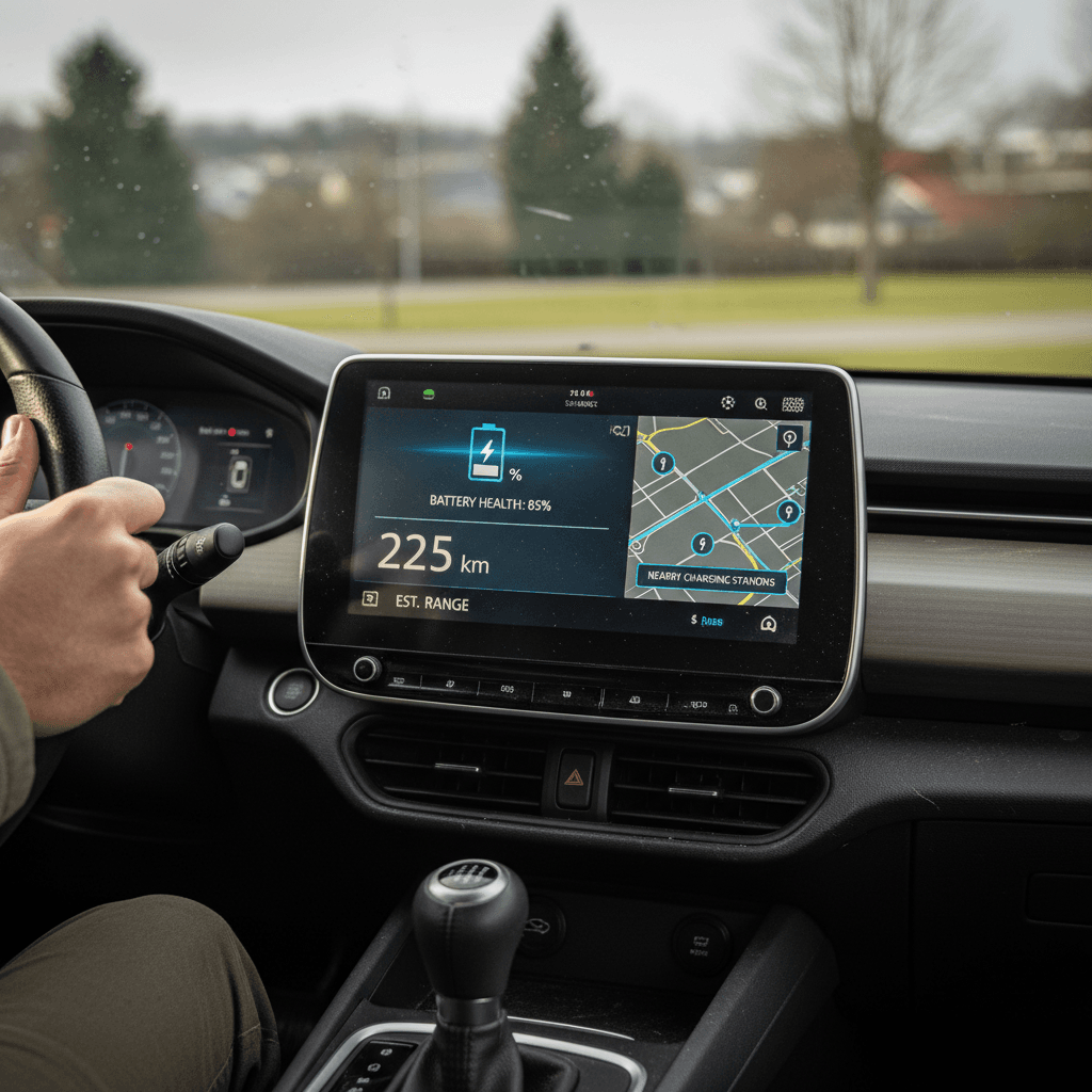 Driver using a used electric car’s touchscreen to check battery health, range estimate and nearby charging stations