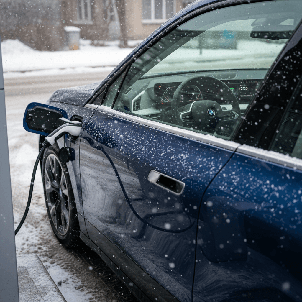 BMW iX hooked to a public fast charger in light snow with range display visible on infotainment screen