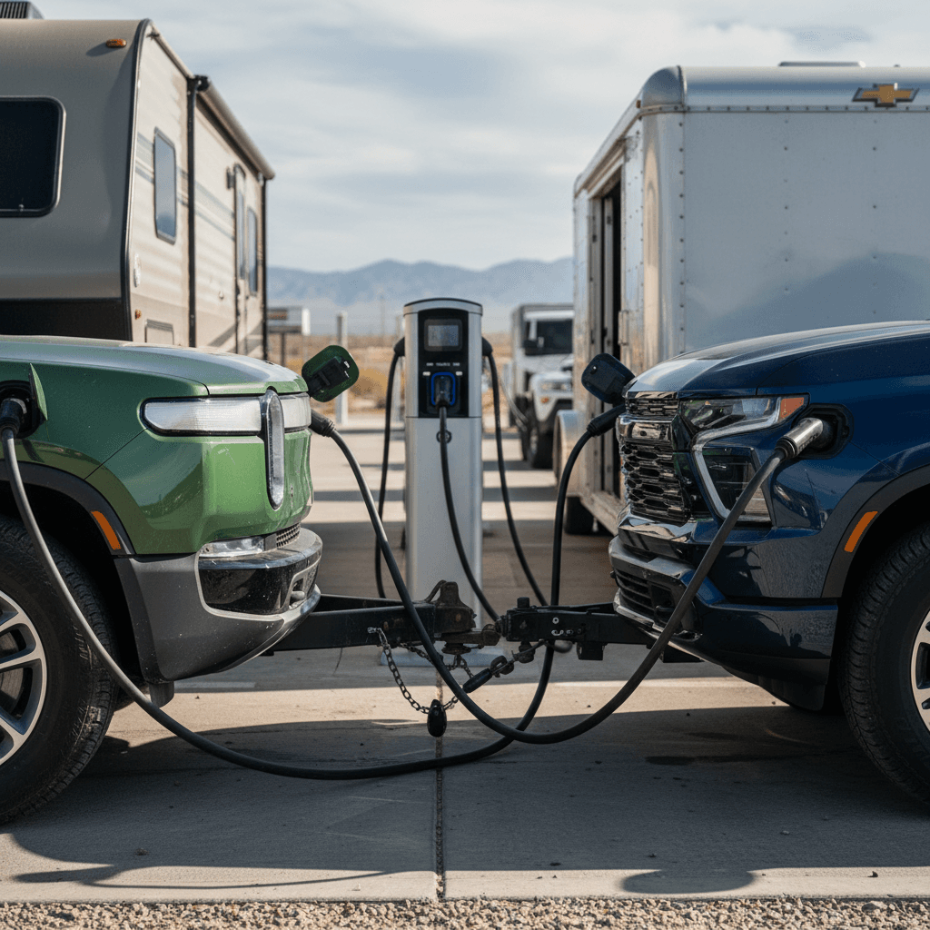 Rivian R1T and Chevrolet Silverado EV towing trailers while charging at a public DC fast charging station