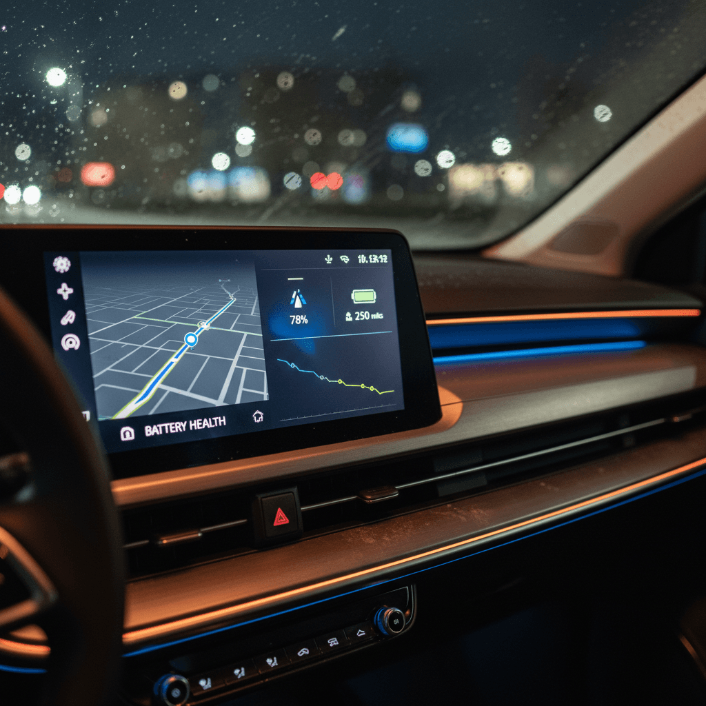 Electric car interior at night showing touchscreen with navigation, battery status, and climate controls