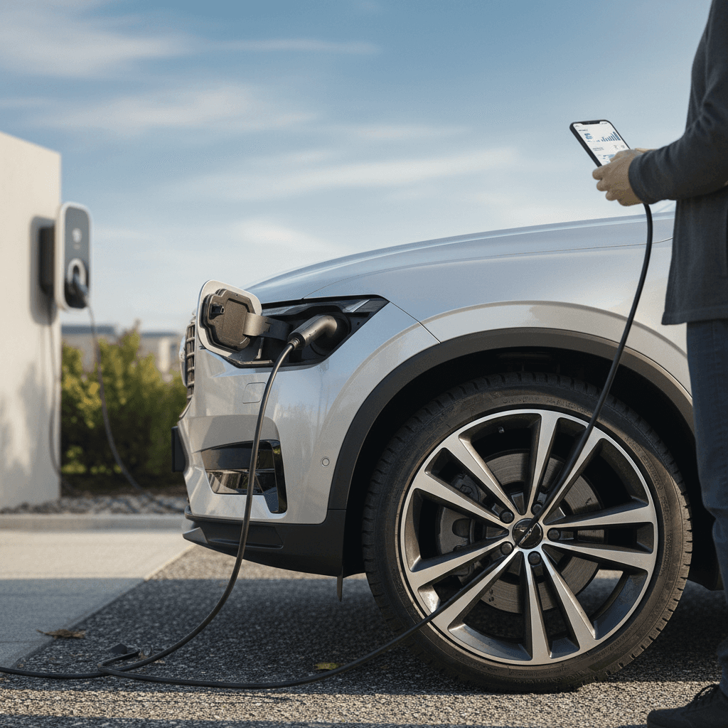 Owner reviewing offers to sell a Volvo EX90 electric SUV on a smartphone while the vehicle charges in a driveway