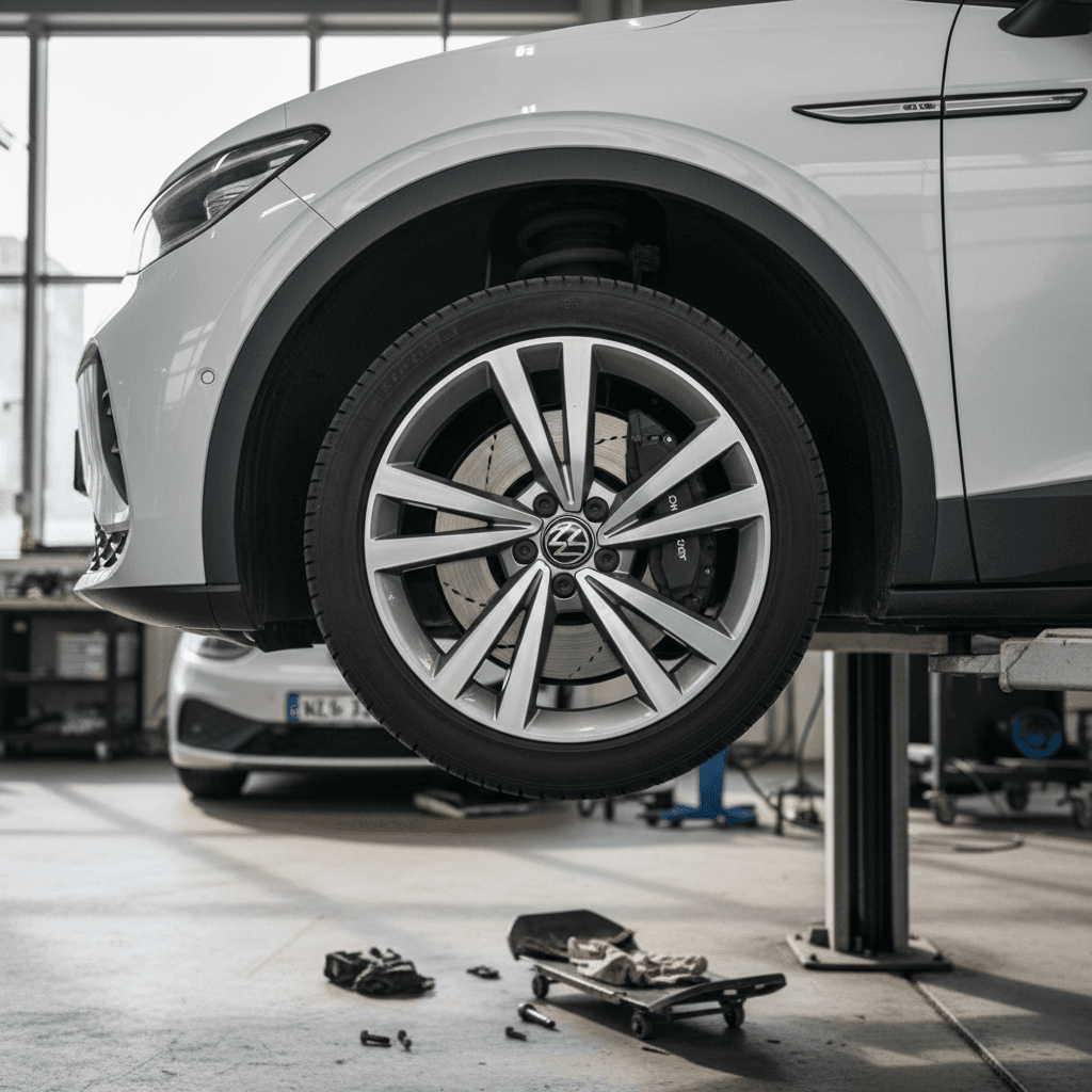 Mechanic inspecting a Volkswagen ID.4 front brake caliper and pads on a lift