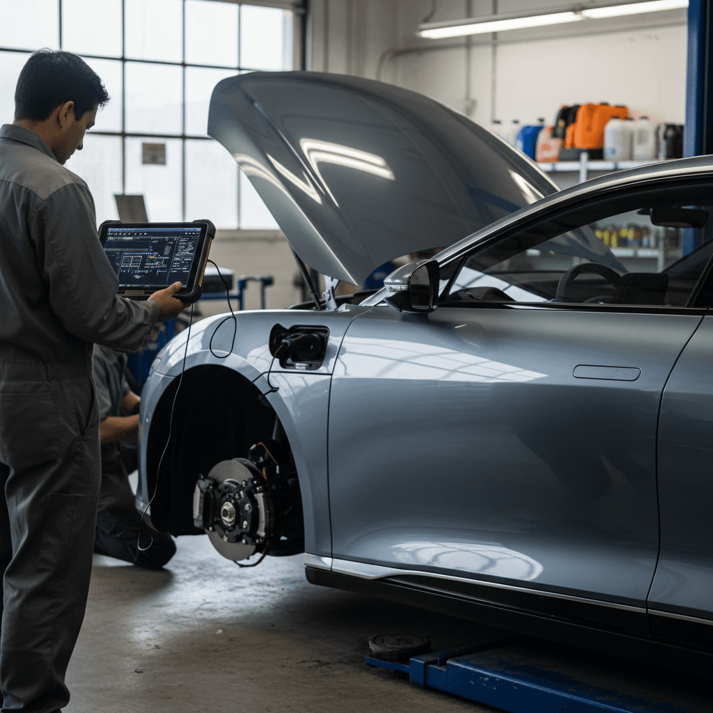 Technician using a diagnostic tablet to evaluate a used Lucid Air in a well-lit EV service center