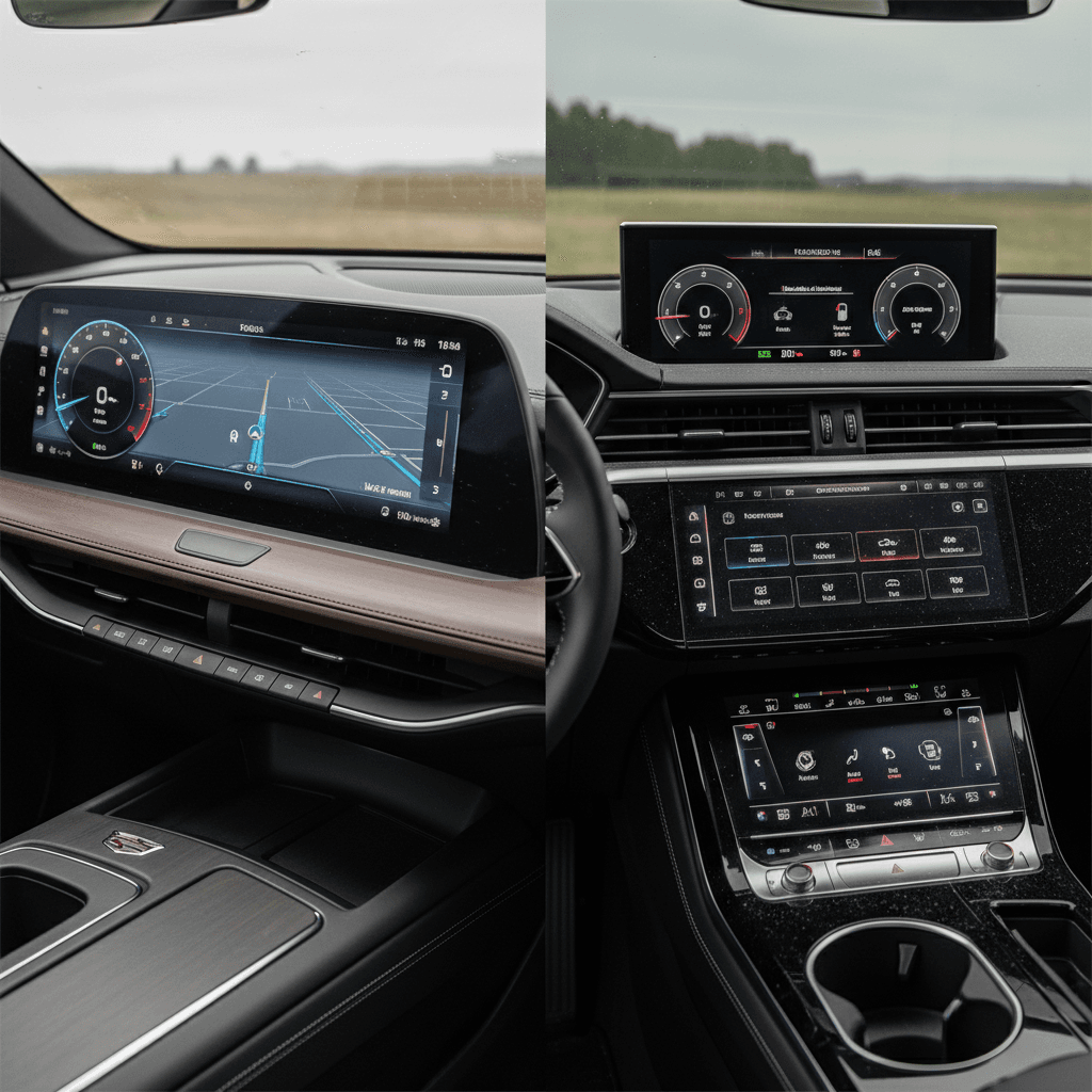 Split-screen view of Cadillac Lyriq and Audi Q8 e-tron interiors, both showing wide digital displays and upscale materials