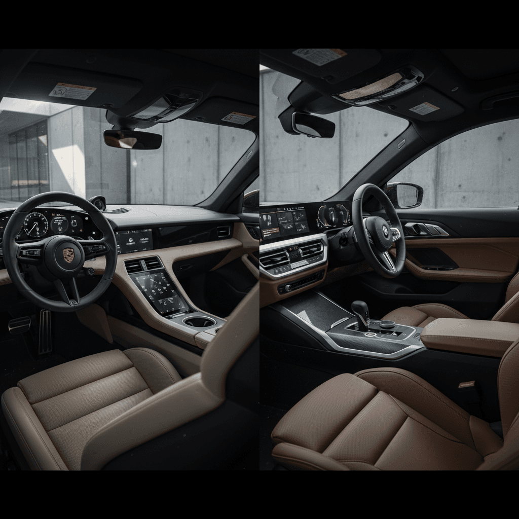 Side-by-side view of Porsche Taycan and BMW i4 interiors showing dashboards, steering wheels, and front seats