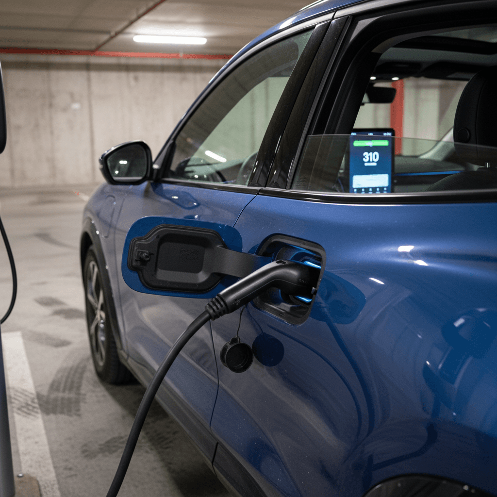 Close-up of a 2025 Ford Mustang Mach-E charging with the digital dashboard showing range and battery health, highlighting what used buyers look for.