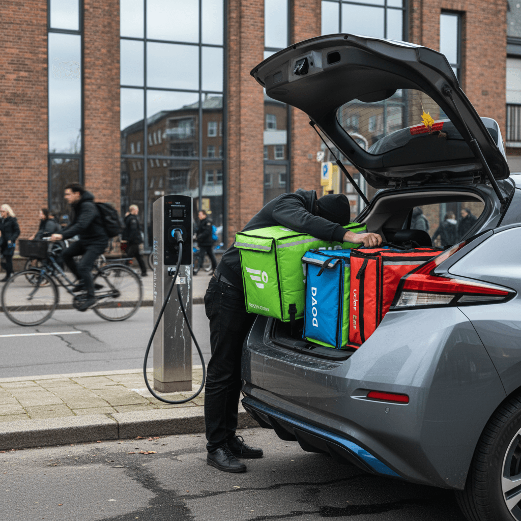 Compact electric hatchback with rear seats folded down and multiple insulated food delivery bags loaded in the cargo area