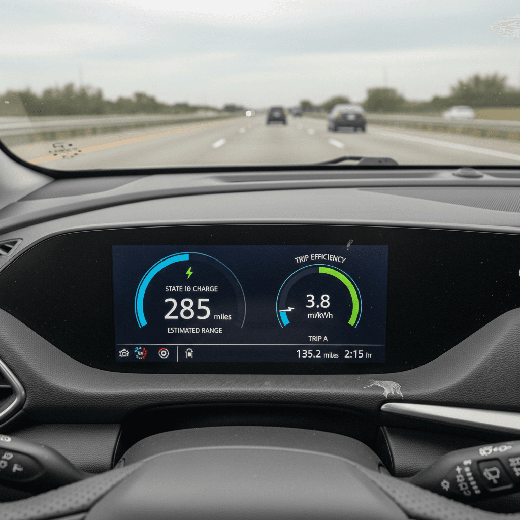Chevrolet Equinox EV digital instrument cluster showing energy use and remaining range during a highway drive