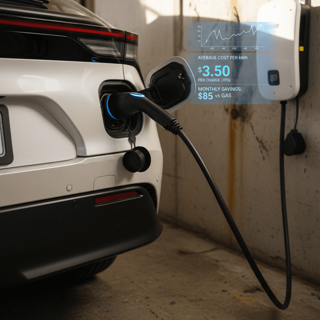 Toyota bZ4X plugged into a Level 2 home charger with electric meter in the background highlighting energy use and cost per mile