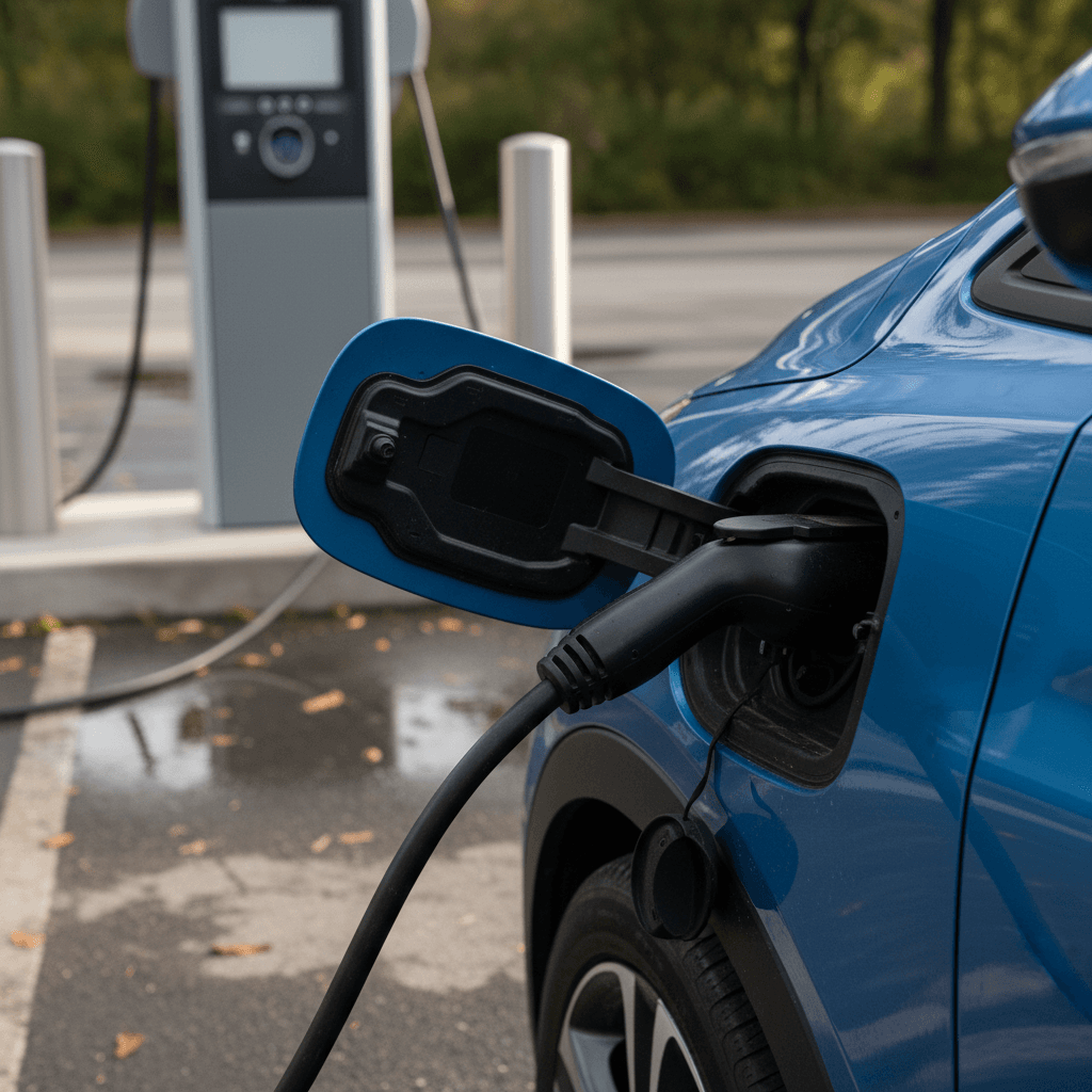 Close view of 2022 Chevrolet Bolt EUV plugged into a public EV charger