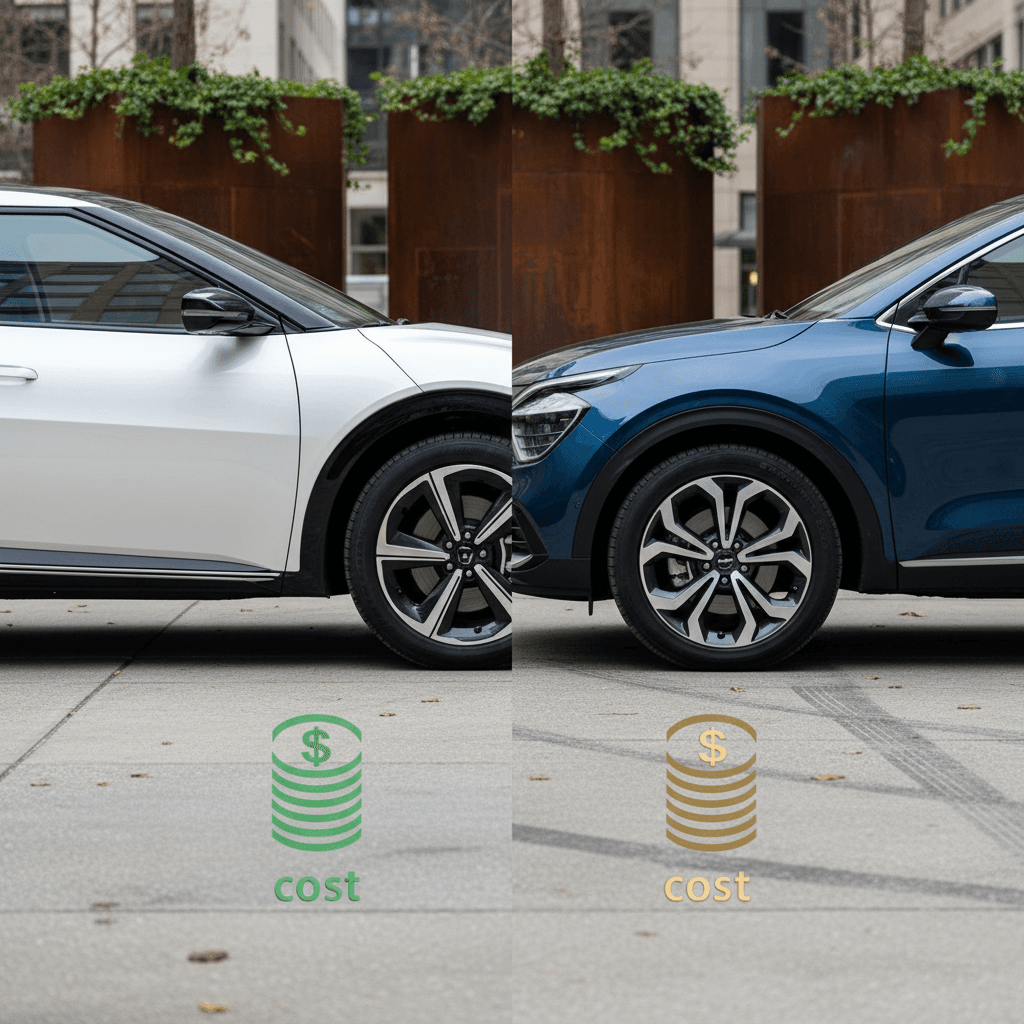 Side-by-side comparison graphic of Kia EV6 electric crossover and Kia Sportage gasoline SUV with dollar icons above them