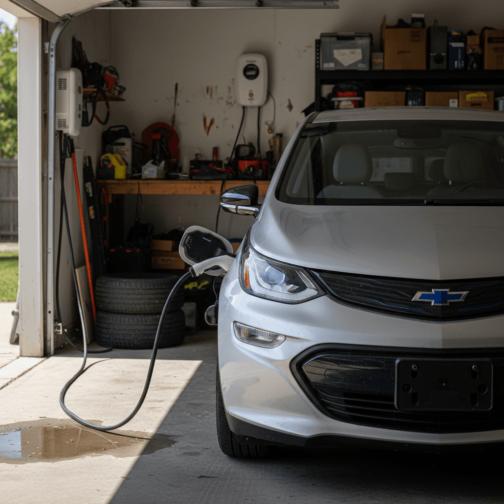 Chevy Bolt EV charging at a public DC fast charging station