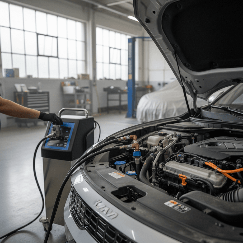 Technician connecting coolant service equipment to a Kia EV9 in a bright service bay