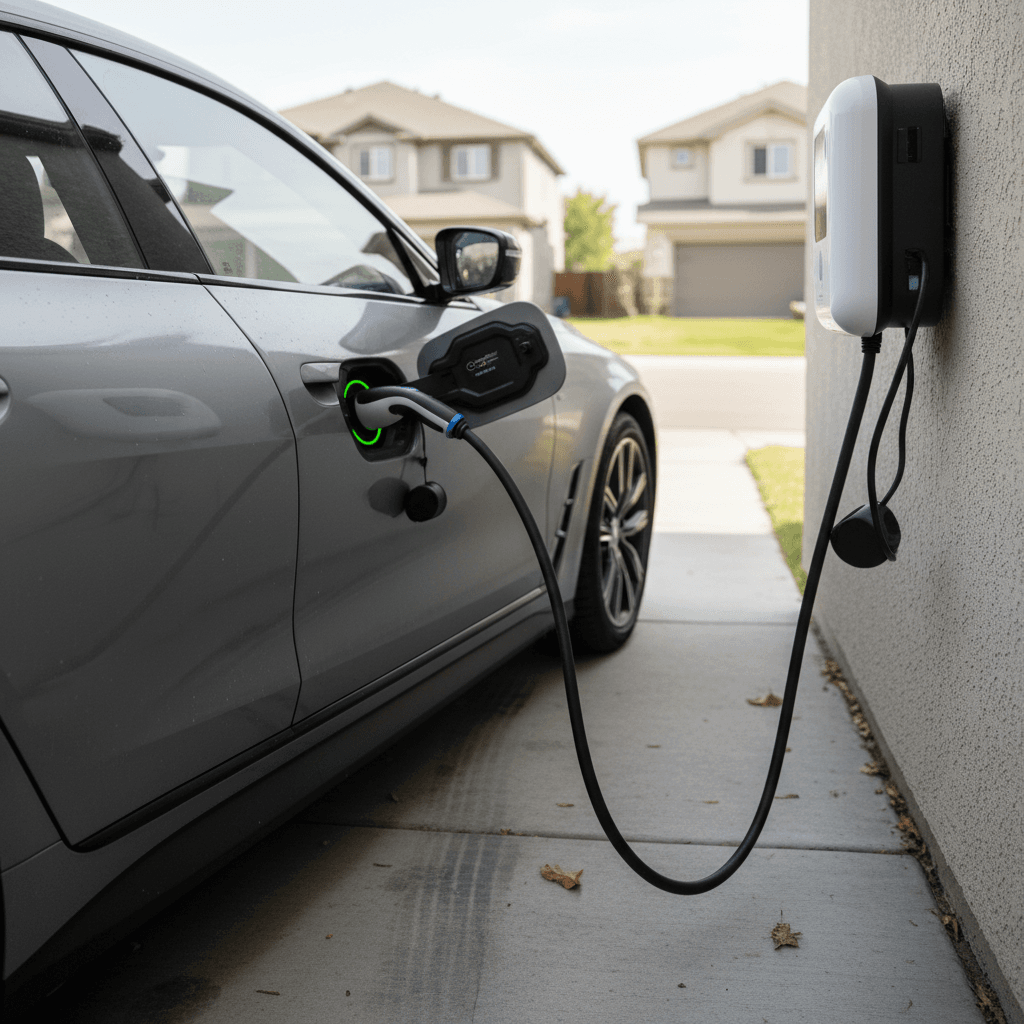 2023 BMW i4 plugged into a home Level 2 wall charger in a quiet suburban driveway