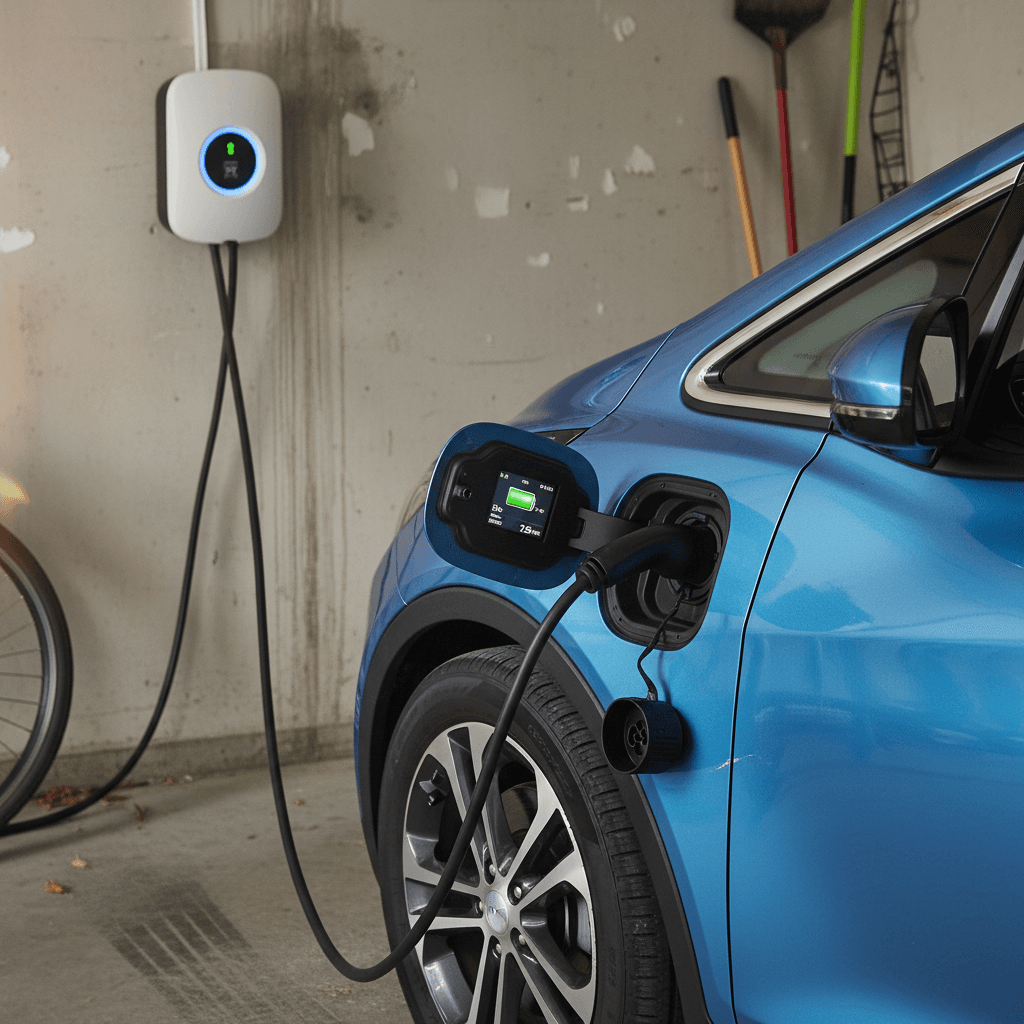 Chevrolet Bolt EV plugged into a Level 2 home charger with its charging indicator lights illuminated
