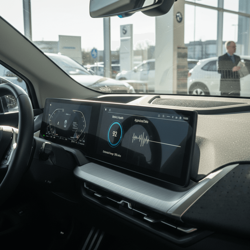 BMW iX dashboard showing remaining range and battery health during trade-in appraisal