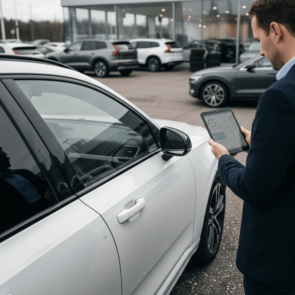 Salesperson using a tablet to check battery health and trade-in value of a used Volvo EX90 at a dealership