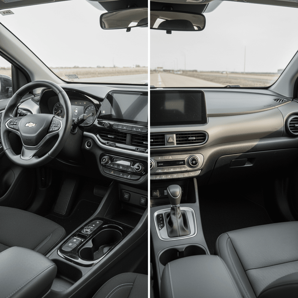Side-by-side interiors of a Chevrolet Bolt EV and Hyundai Kona Electric showing front seats and dashboards