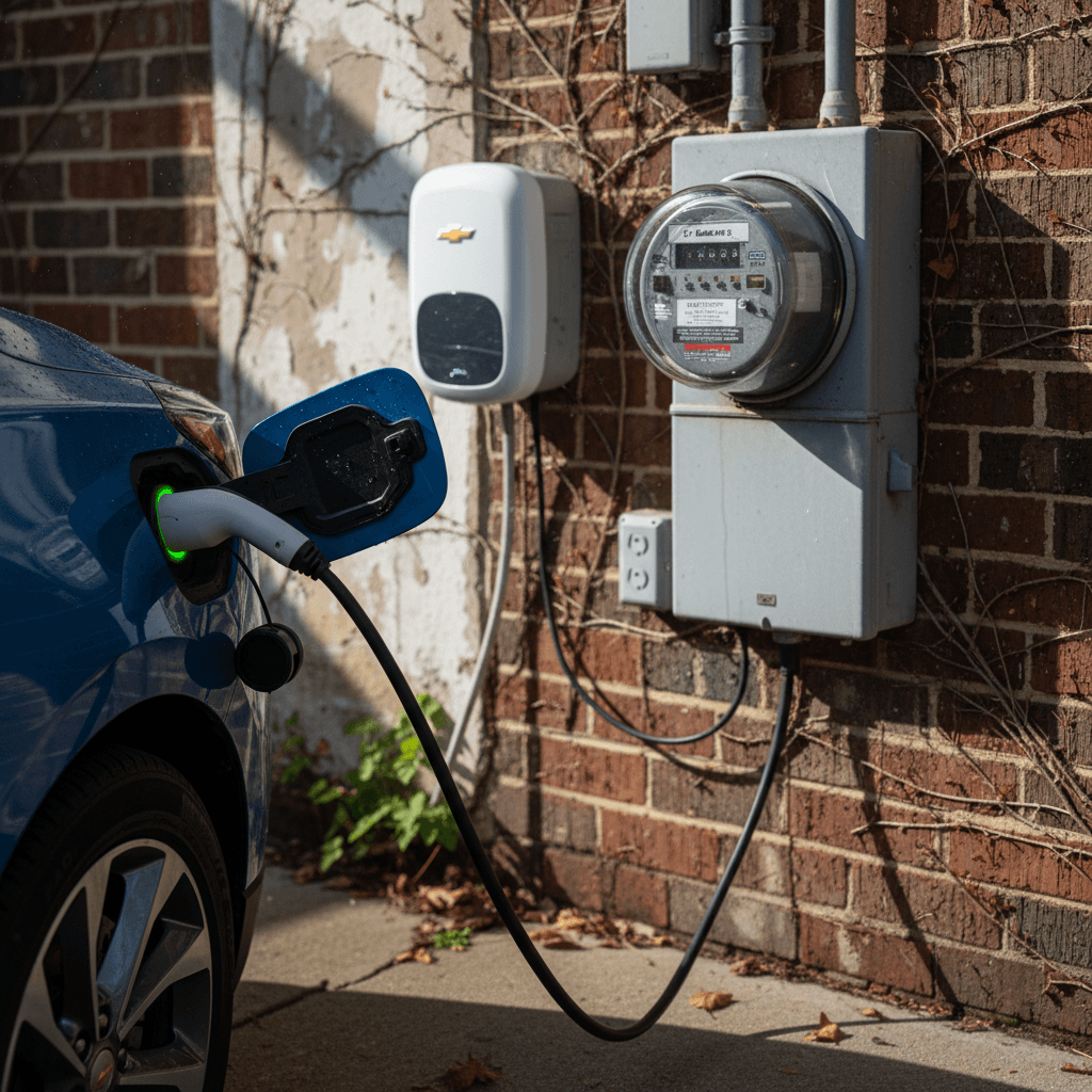 Chevrolet Equinox EV charging at a home garage with an electric meter visible on the wall