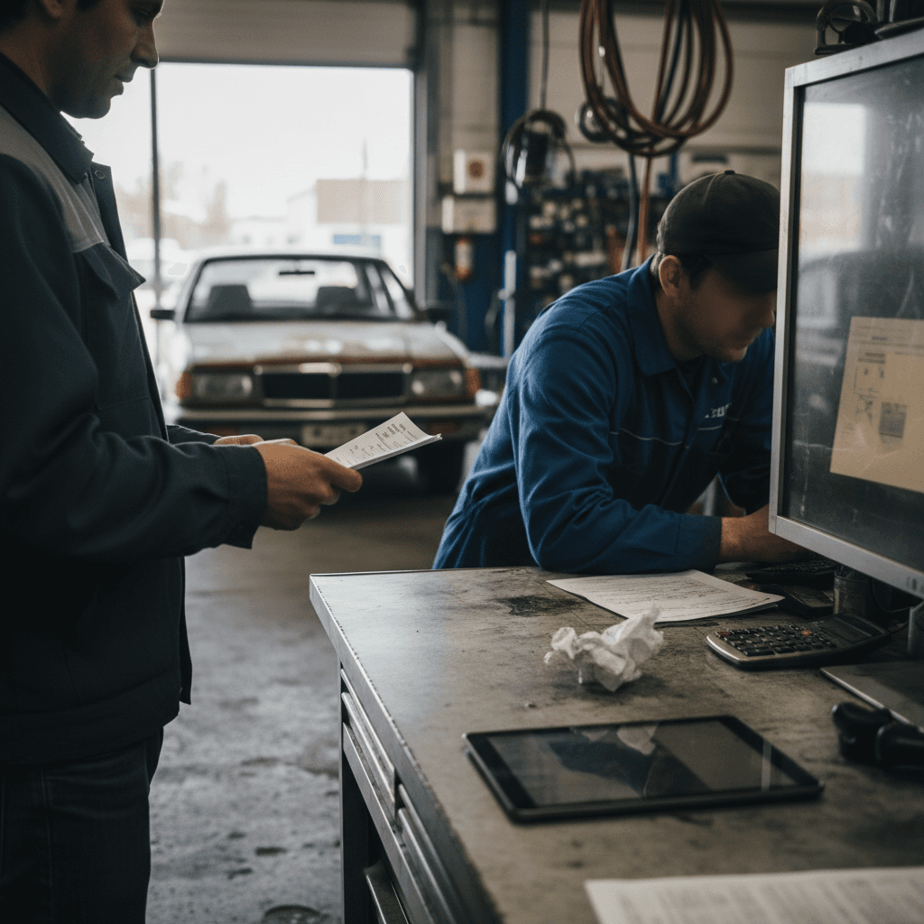 Customer discussing repair estimate with a mechanic at an auto repair shop service counter