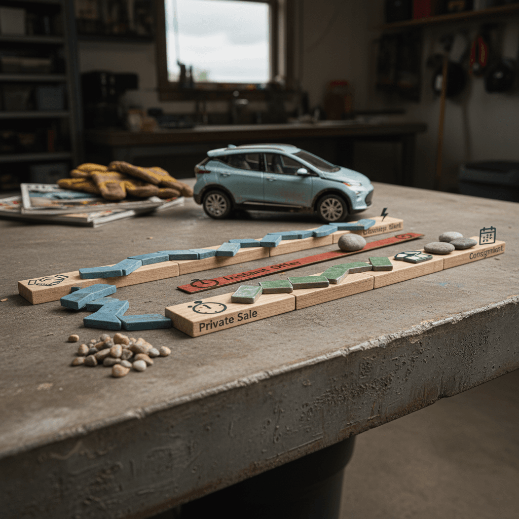 Illustrated timeline showing different selling paths for a used EV from listing to sold with days to sell labeled for private sale, instant offer and consignment