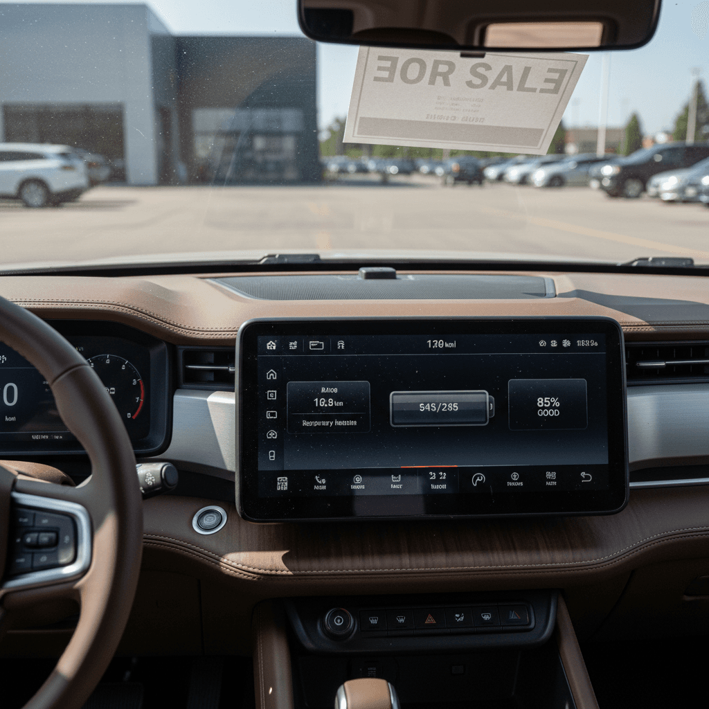 Driver in a 2022 Rivian R1T reviewing battery range and health metrics on the central display before listing the truck for sale