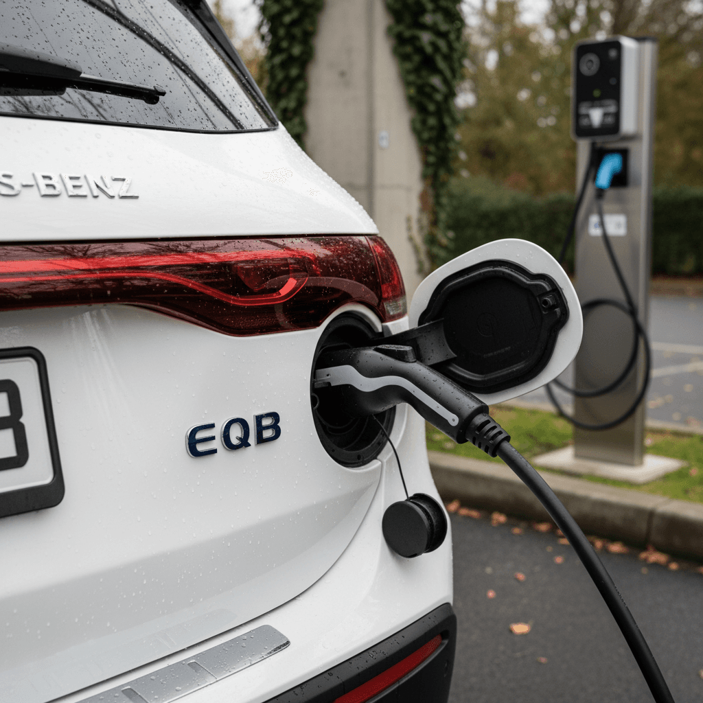 Mercedes EQB charging at a public station, emphasizing the rear badge and charge port