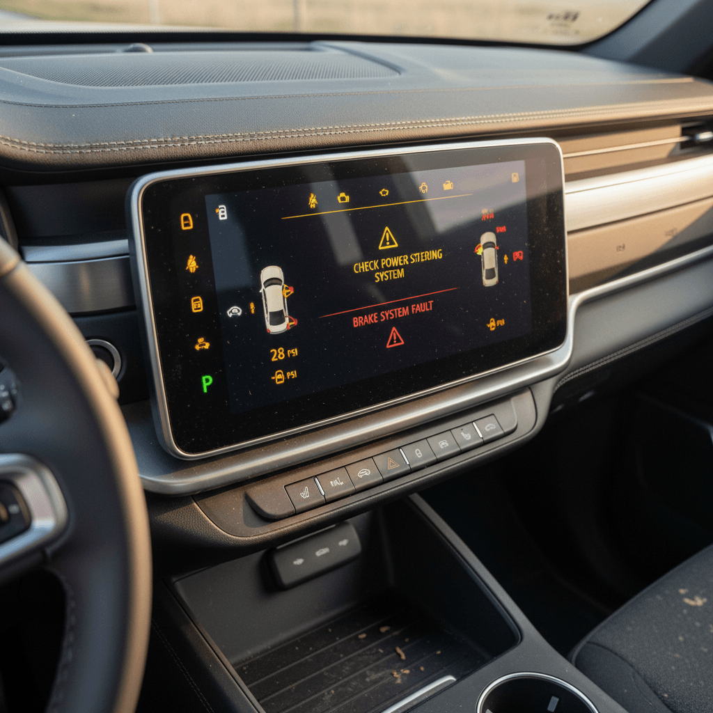 Rivian R1S digital dashboard and center screen showing multiple warning alerts