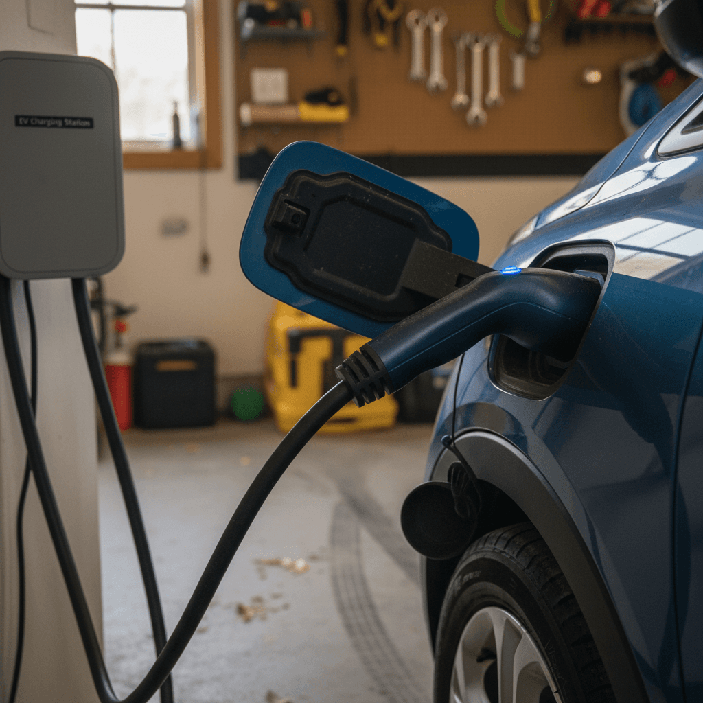 Chevrolet Bolt EUV charging from a Level 2 wallbox in a residential garage using a J1772 connector