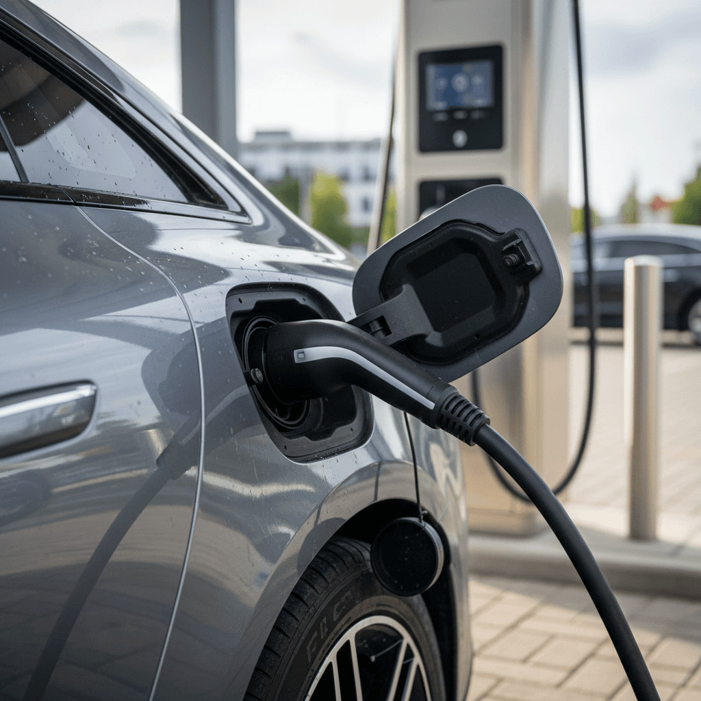 Close-up of a Mercedes EQS sedan plugged into a CCS fast charger at a public station
