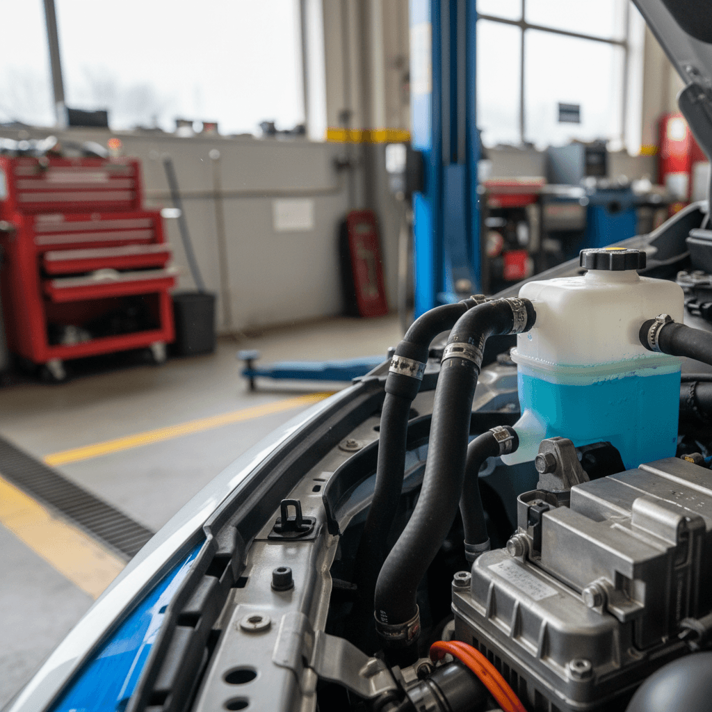 Technician inspecting the coolant reservoir and hoses in a Nissan Leaf’s front compartment