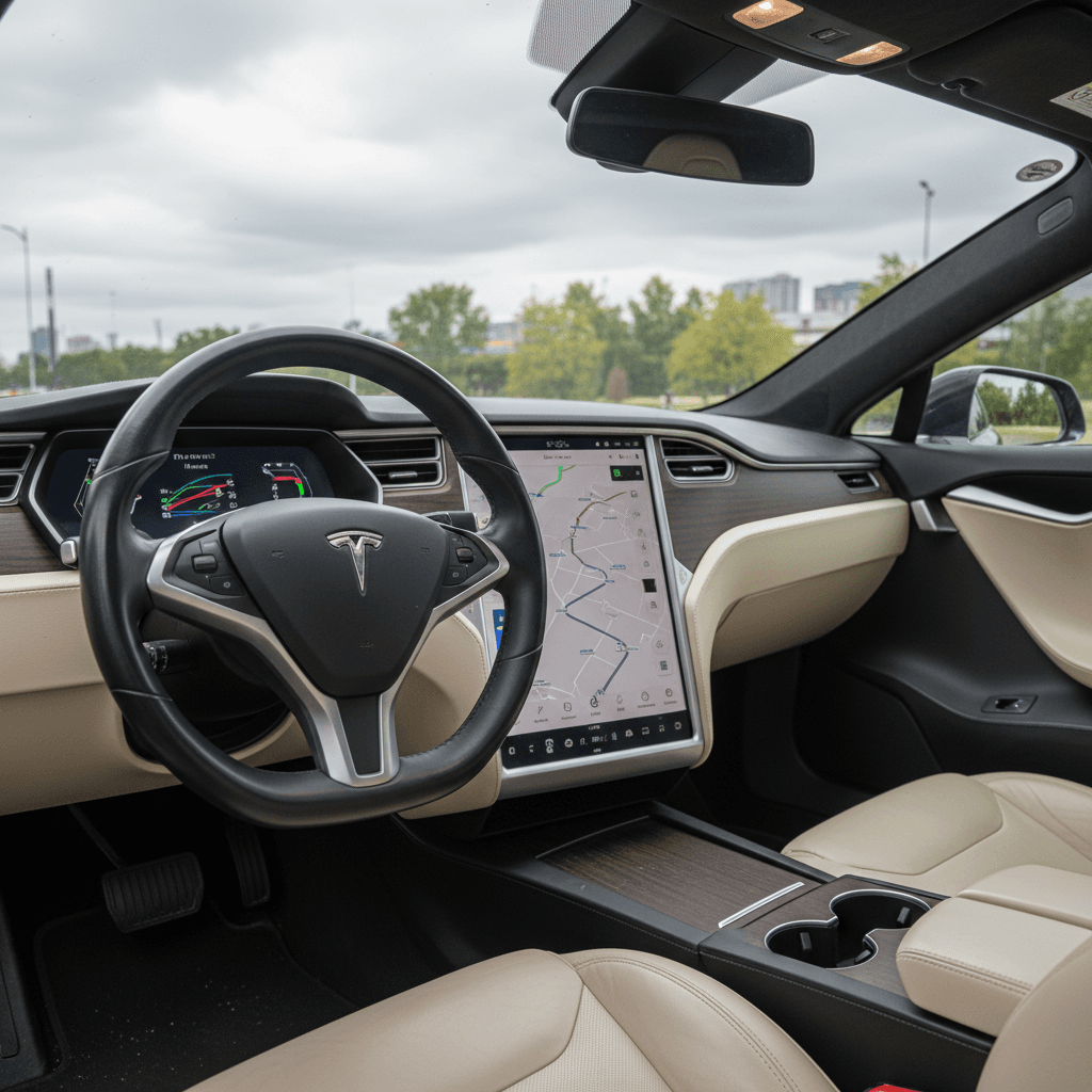 Interior of a 2020 Tesla Model S highlighting the central touchscreen, minimalist dashboard and steering wheel