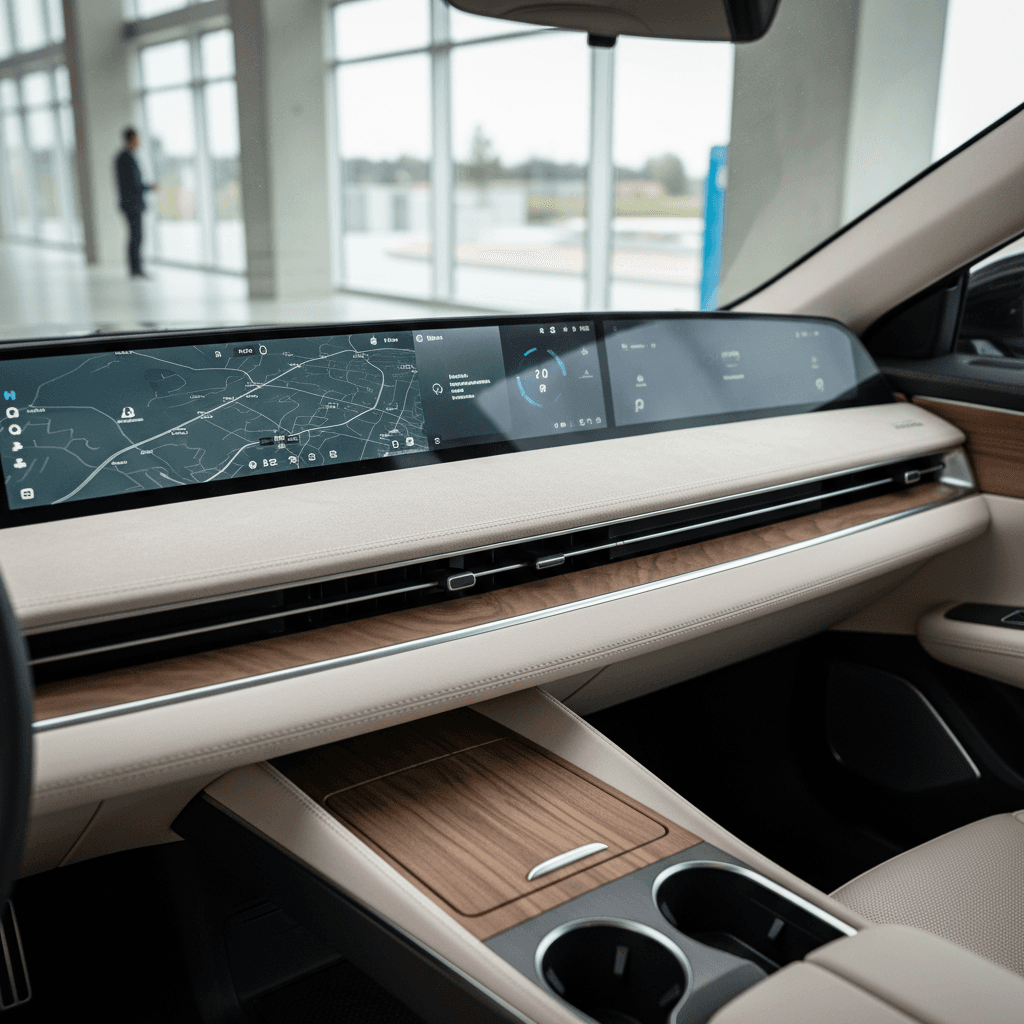 Lucid Air interior showing twin screens and minimalist dashboard layout with ambient lighting