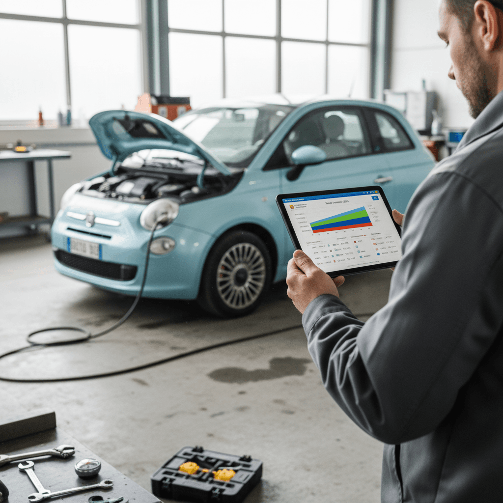 EV specialist reviewing a digital battery health report next to a parked Fiat 500e