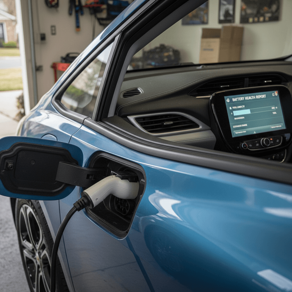 Instrument cluster and touchscreen in a 2023 Chevy Bolt EV showing state of charge and estimated range