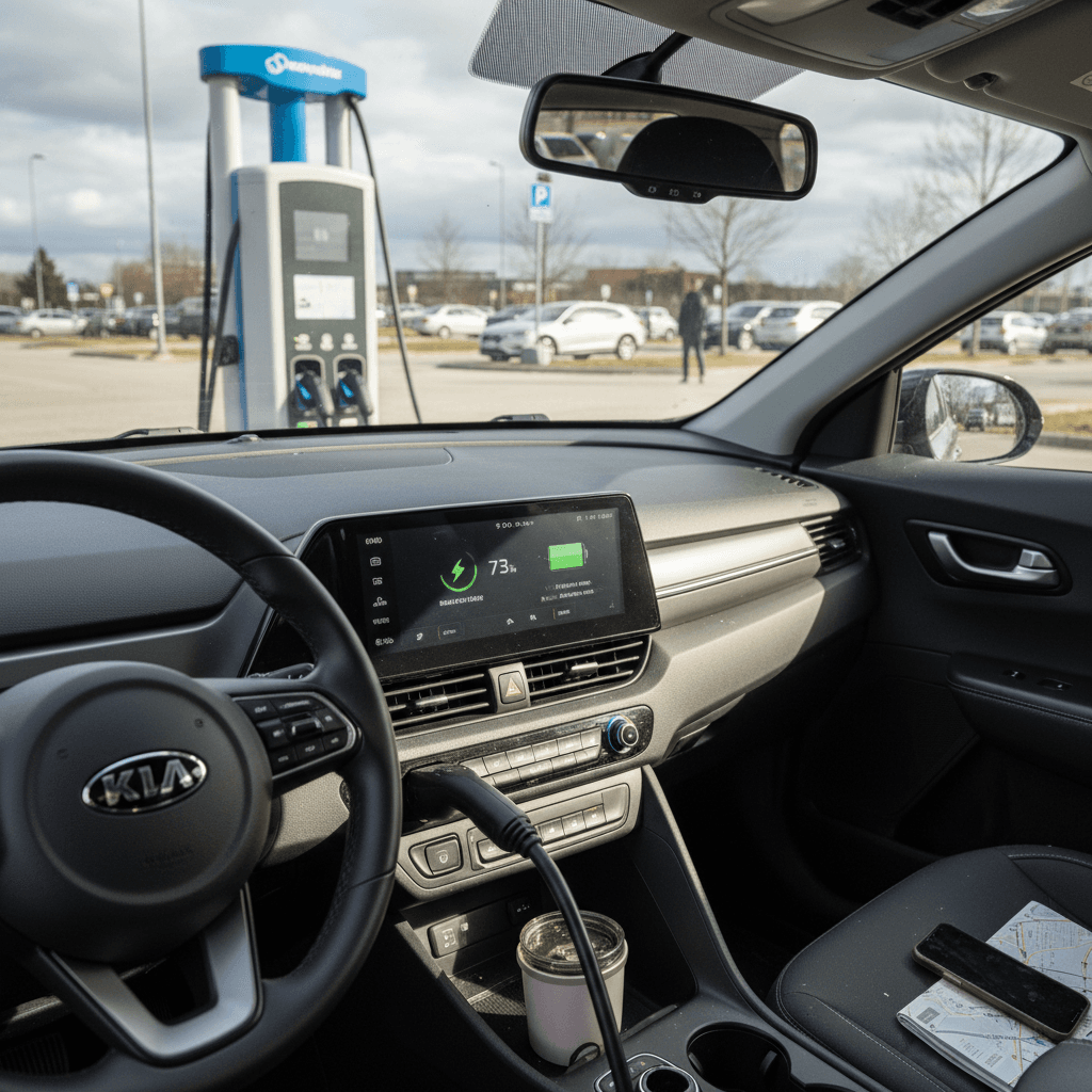 Driver sitting inside a Kia Niro EV while the car is plugged into a public charging station