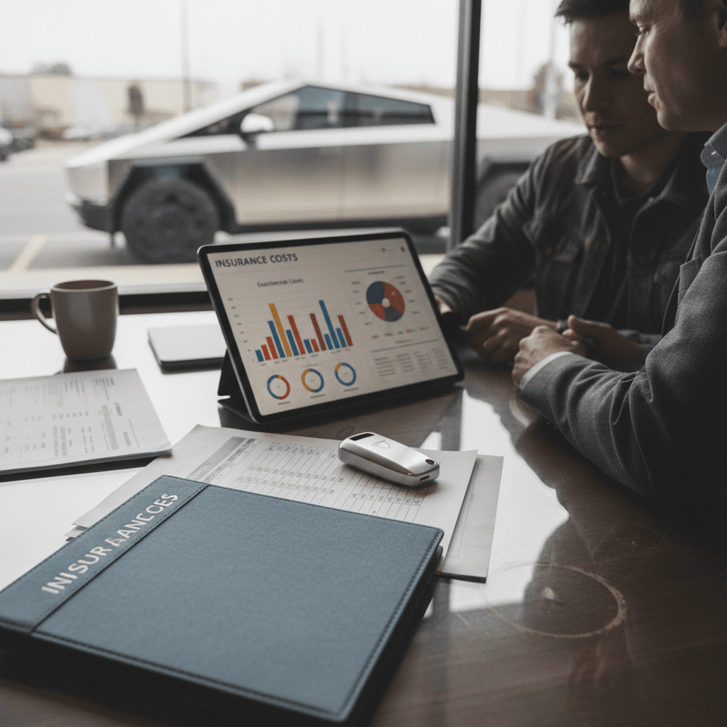 Tesla Cybertruck owner reviewing monthly insurance options with an agent at a desk