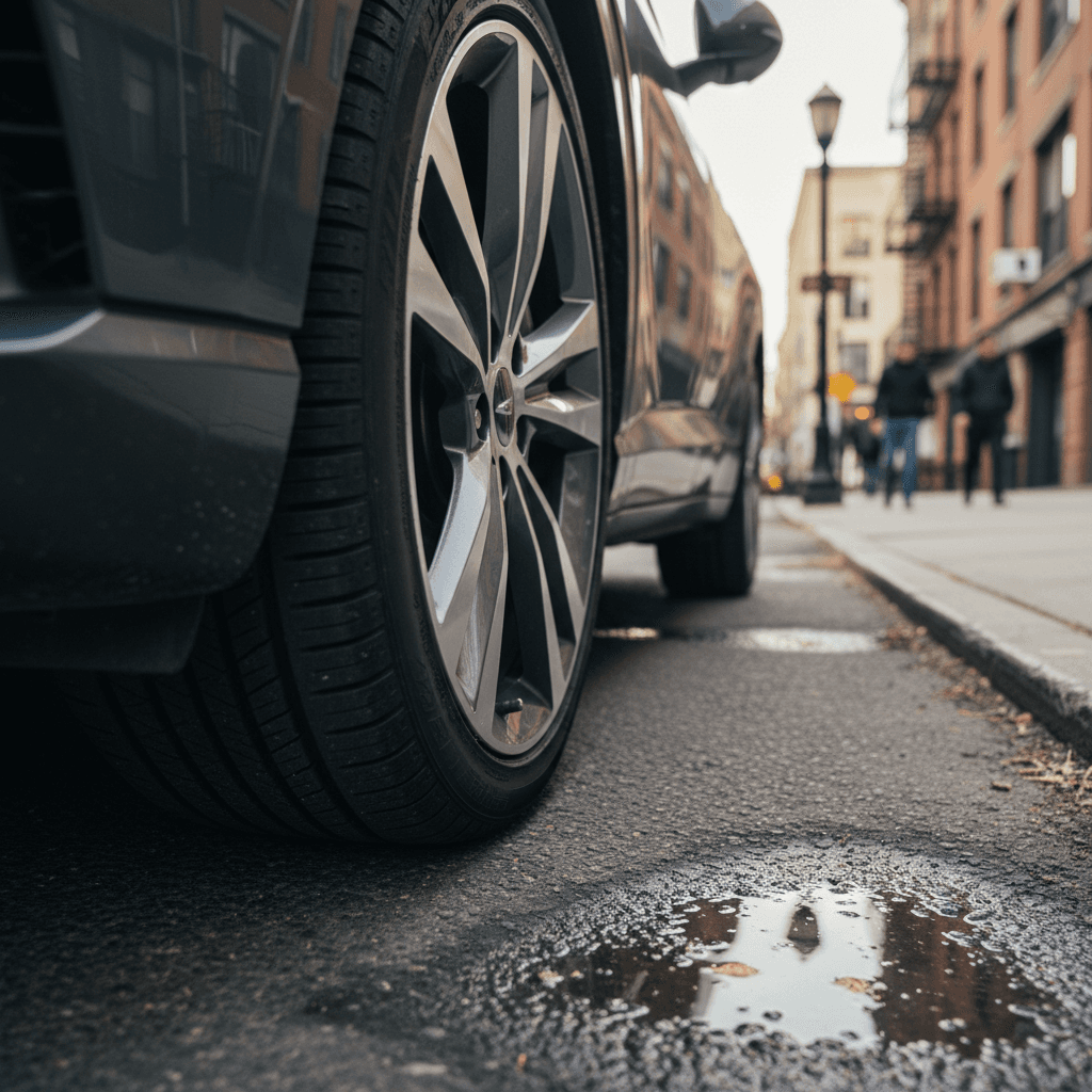 Close-up of a Genesis GV60 front alloy wheel and tire, showing tread and sidewall details on a city street