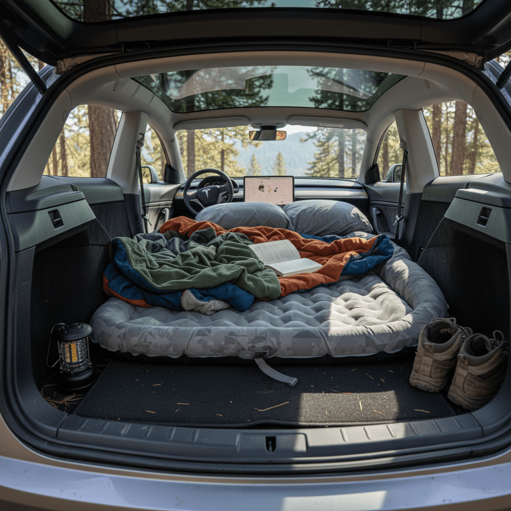 Rear seats of a Tesla Model 3 folded flat with a camping mattress laid out for sleeping