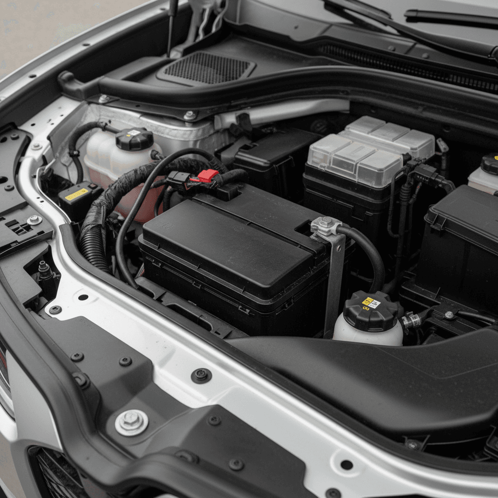 12V battery in a modern electric SUV under the hood with harnesses and warning labels visible