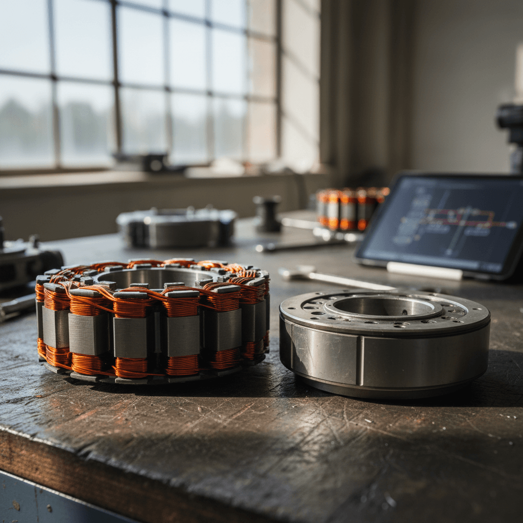 Closeup of an electric vehicle motor rotor and stator showing copper windings and laminations