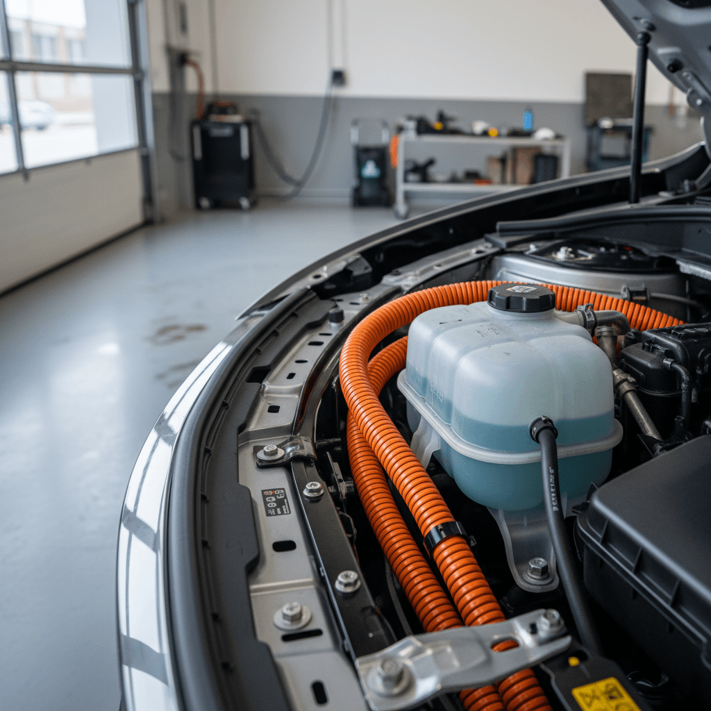 Technician inspecting coolant reservoir and high-voltage components under the hood of an electric SUV