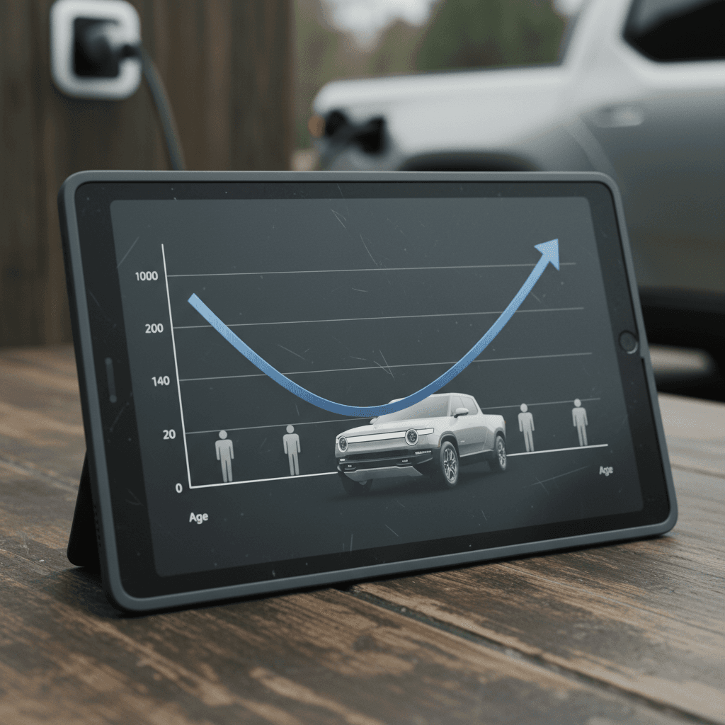 Chart illustrating how Rivian R1T insurance premiums start very high for teen drivers, drop through the 20s, flatten in middle age, and rise slightly for seniors.