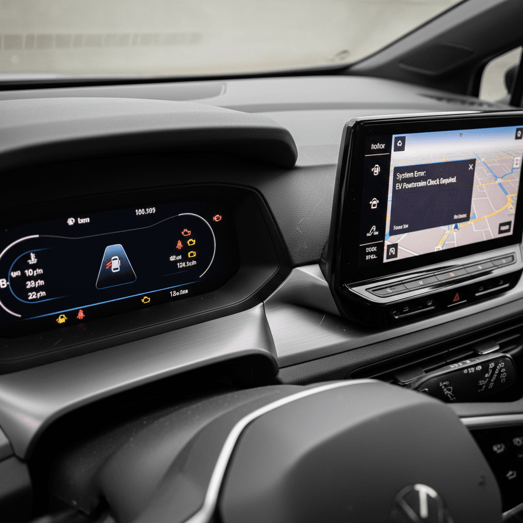 Close-up of 2021 Volkswagen ID.4 digital cluster showing multiple warning icons illuminated