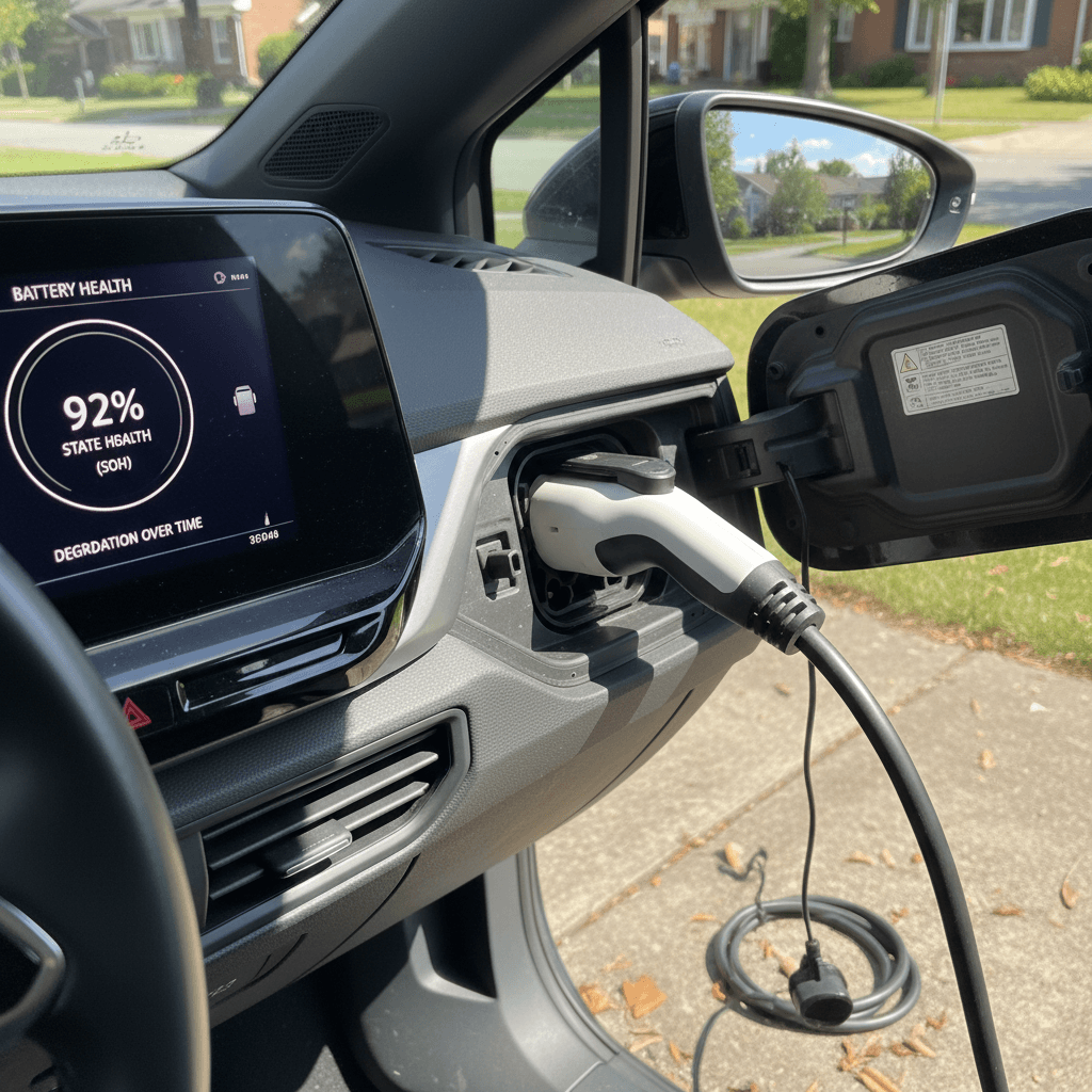 Volkswagen ID.4 plugged into a home level 2 charger in a driveway, showing battery state of charge on the infotainment screen